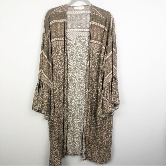 AUDREY 3+1 | Boho Duster Kimono Green Tan Medium - Picture 1 of 8
